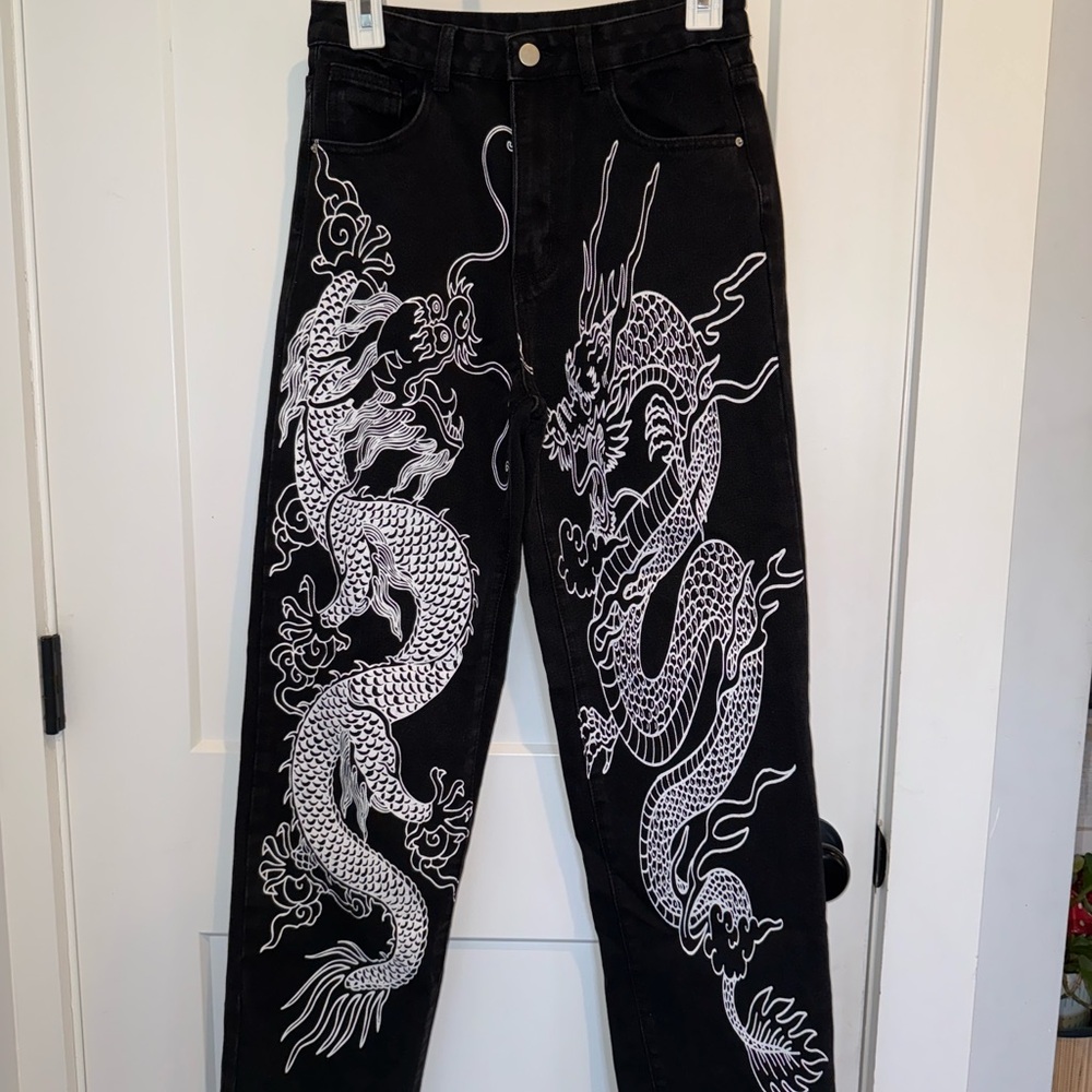 Black Jeans with White Dragon Design